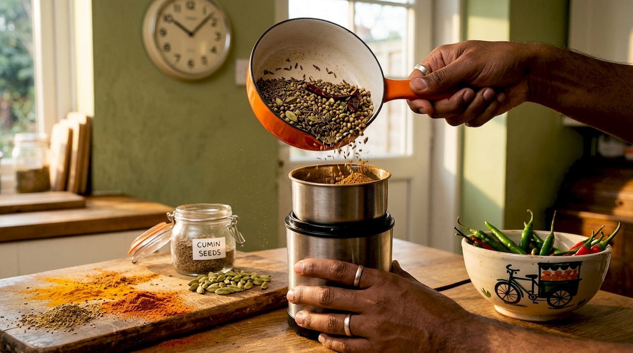Hands grinding whole Indian spices