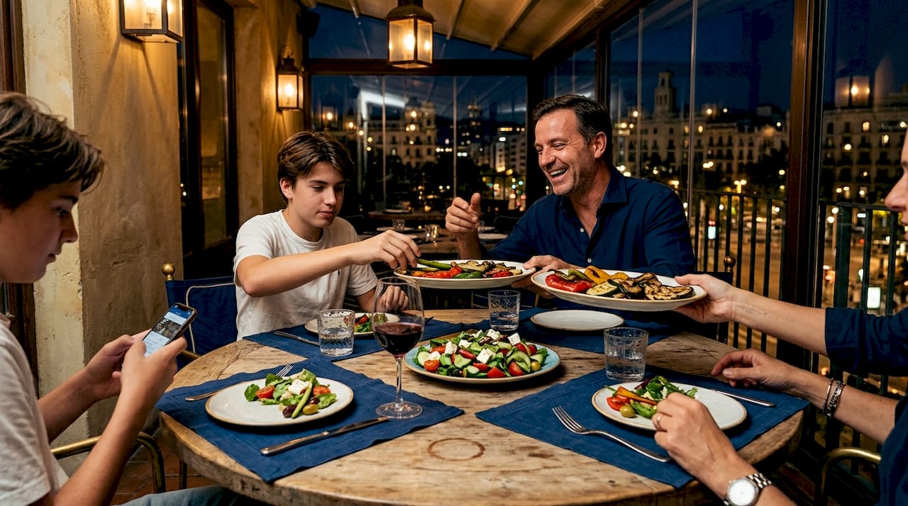 Family sharing Mediterranean dishes outdoors