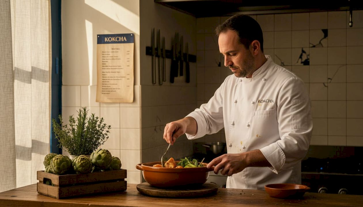 Chef cooking seasonal vegetables in Catalan kitchen