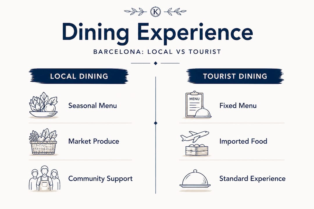 Infographic comparing local and tourist dining in Barcelona
