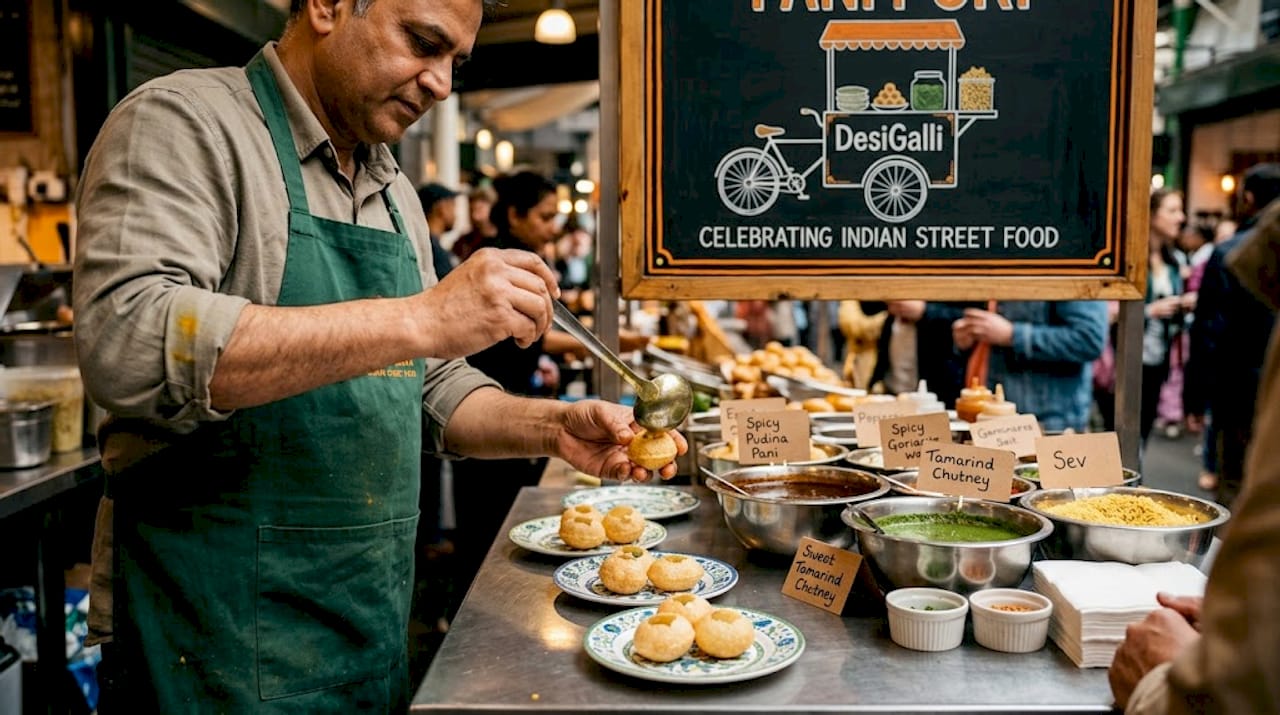 Chef serving pani puri at counter