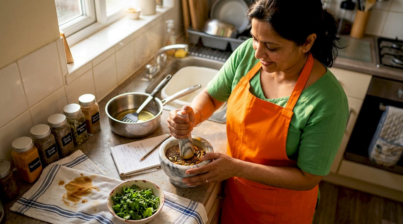 Home cook grinding Indian spices in kitchen