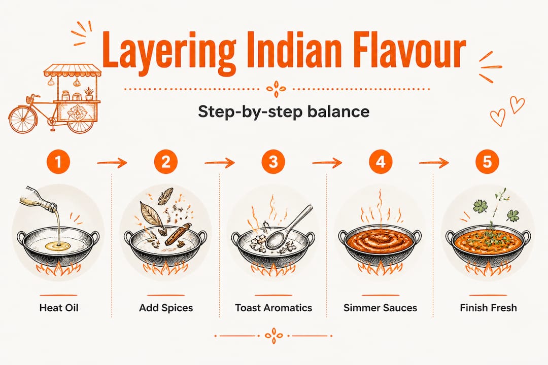 Vertical flow infographic: Indian flavour layering process