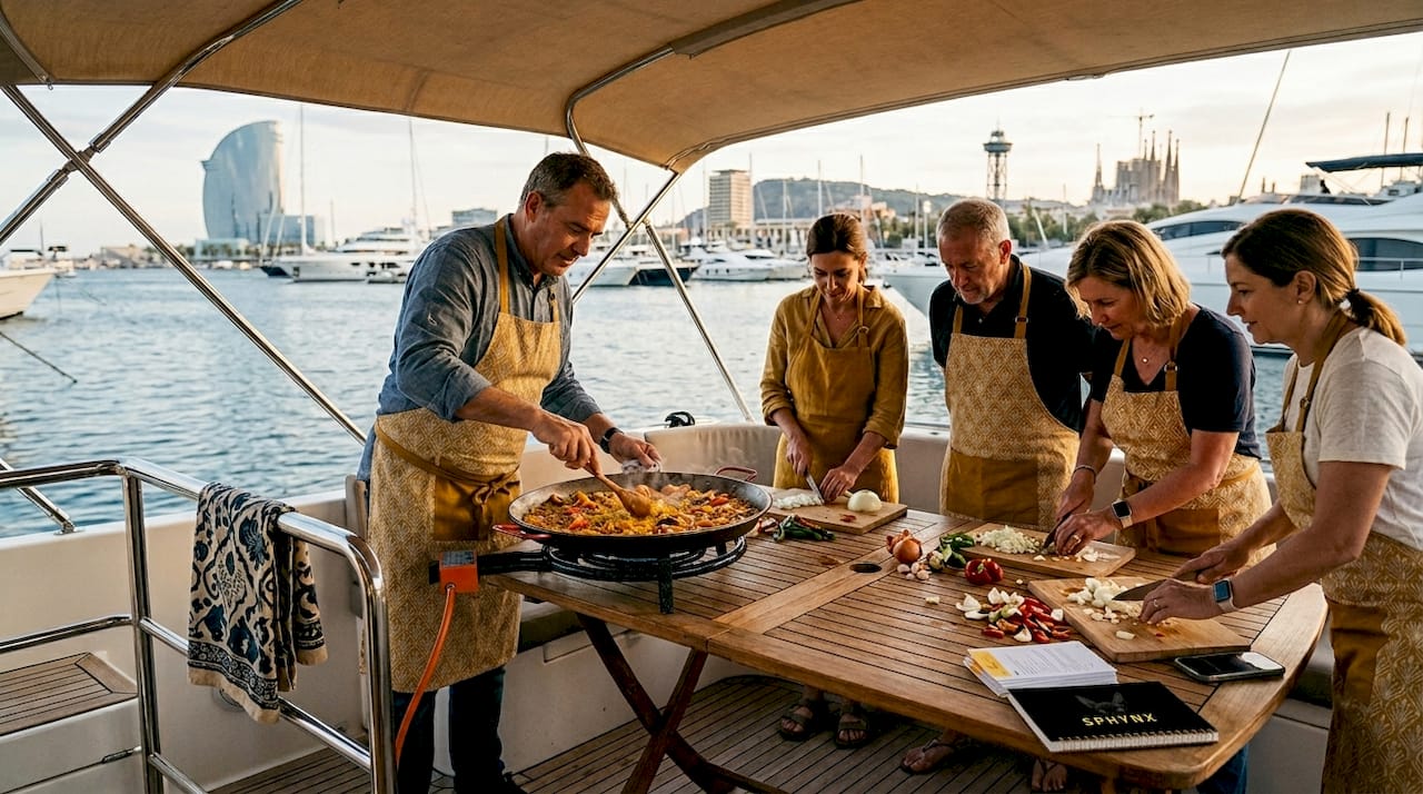 Chef teaching paella workshop on yacht deck