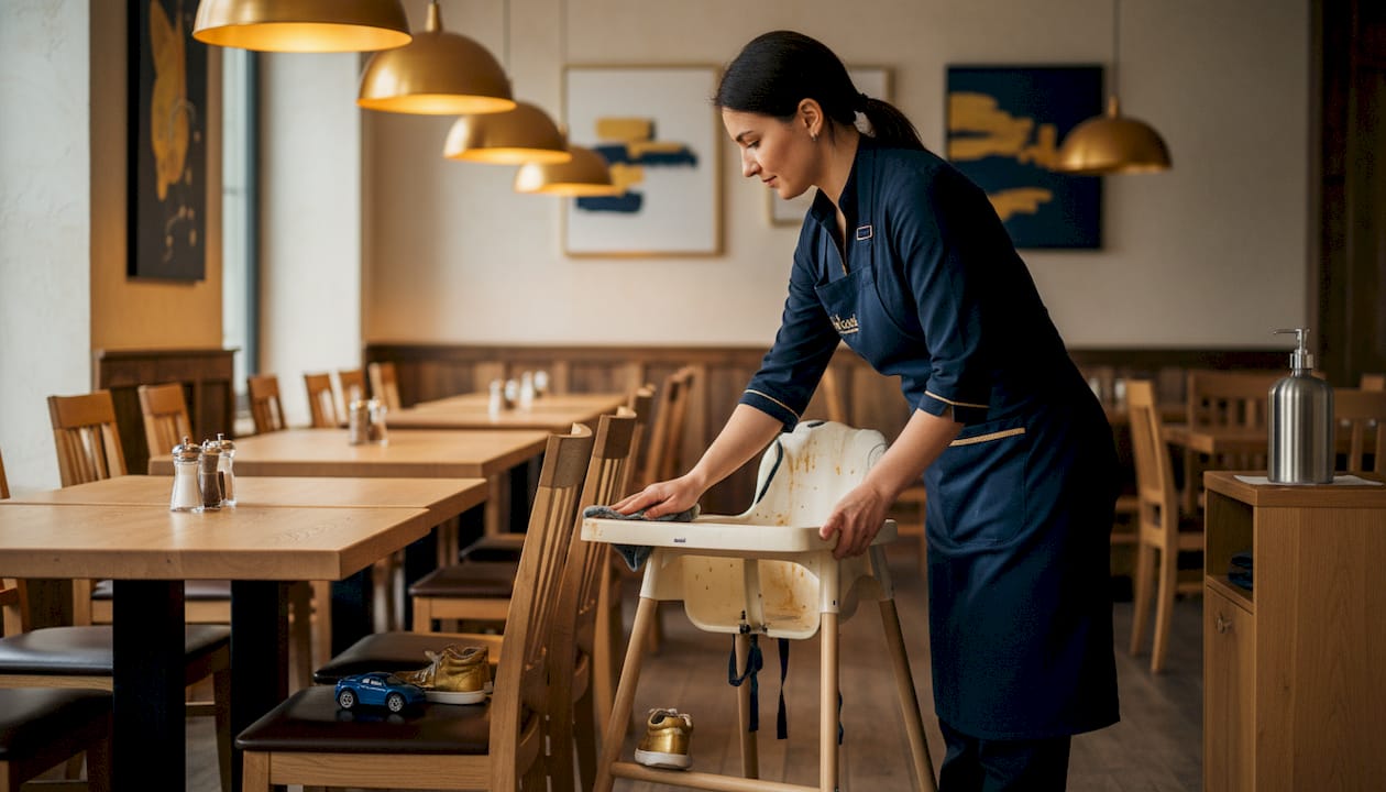 Restaurant staff cleaning high chair for family