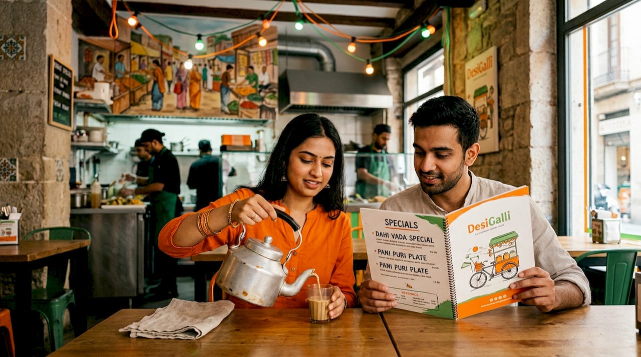 Couple seated in vibrant Indian eatery