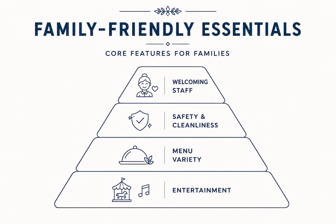 Infographic showing four tiers of family-friendly restaurant features