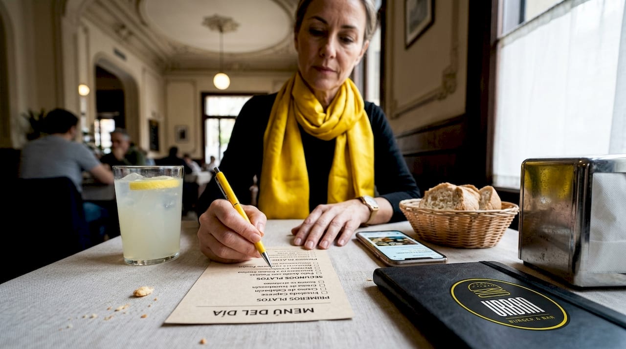 Una mujer consulta la carta para decidir qué pedir del menú del día en una cafetería.