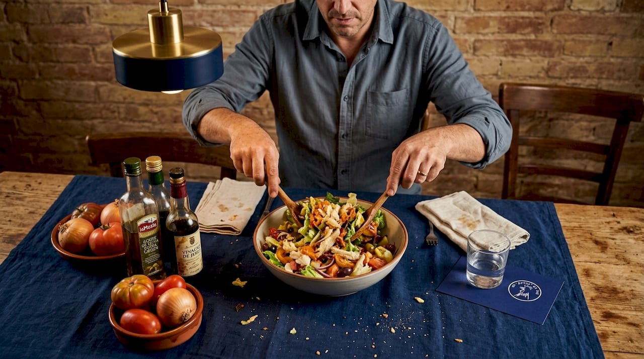 Removiendo una ensalada catalana en la mesa del comedor