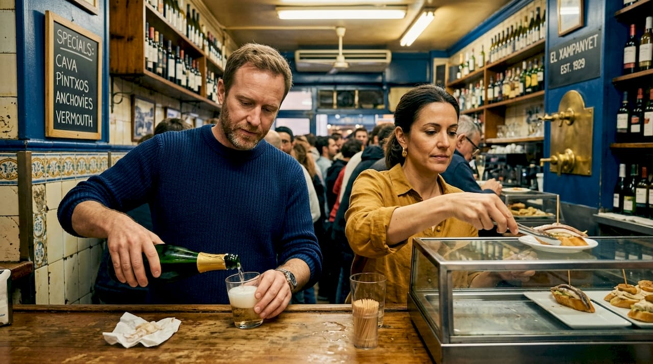 Friends share pintxos at El Xampanyet bar
