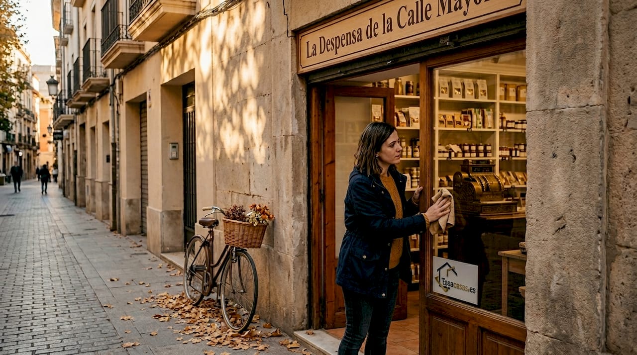 Dueño de una tienda en Alicante limpiando el escaparate de su negocio