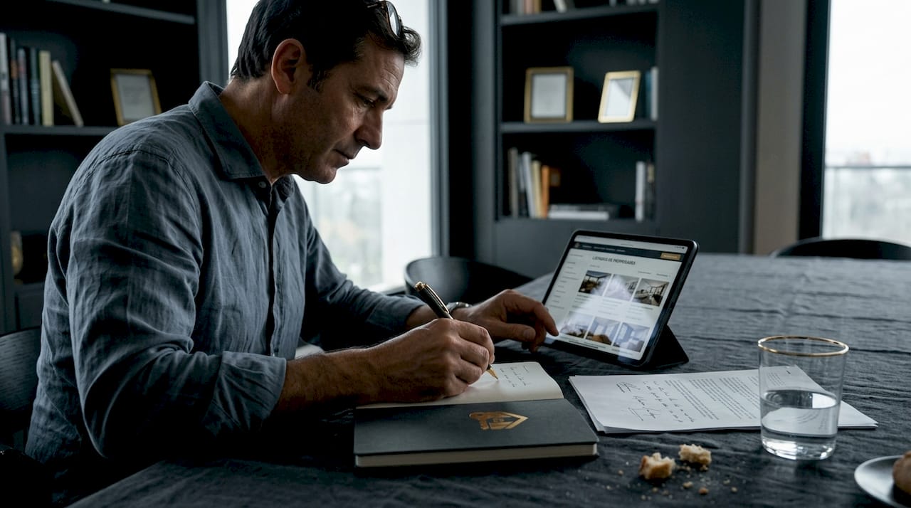 Un hombre está en casa explorando opciones de viviendas desde su tablet.