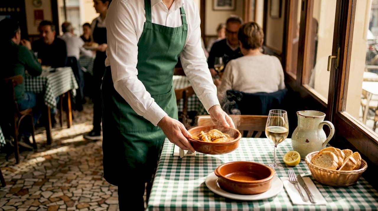 Server delivers steaming Catalan fish stew
