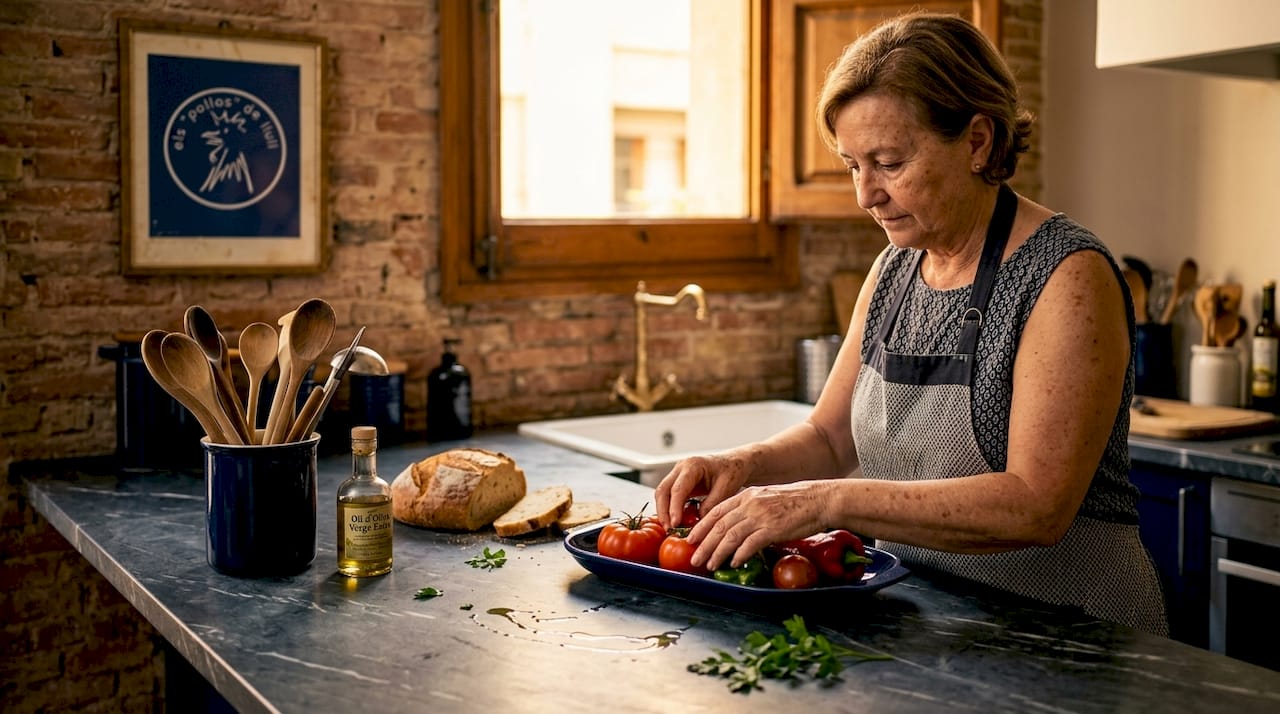 Una mujer cocina un plato mediterráneo en la comodidad de su hogar.