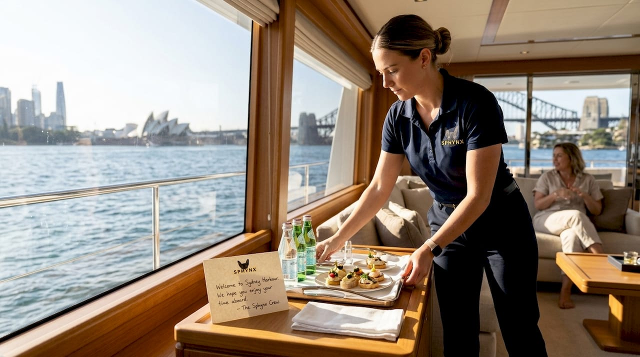 Crew member serving canapés on luxury yacht