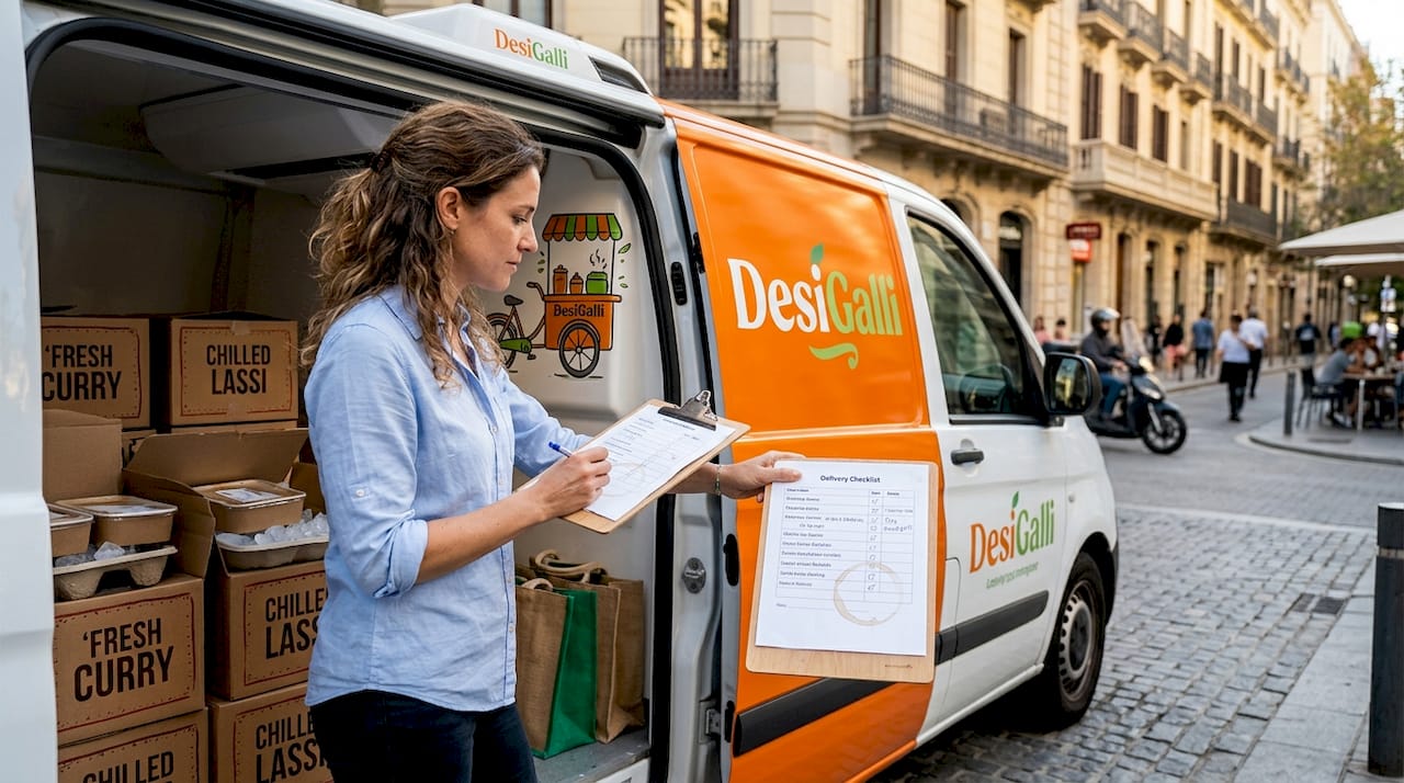 Catering manager checking food delivery checklist