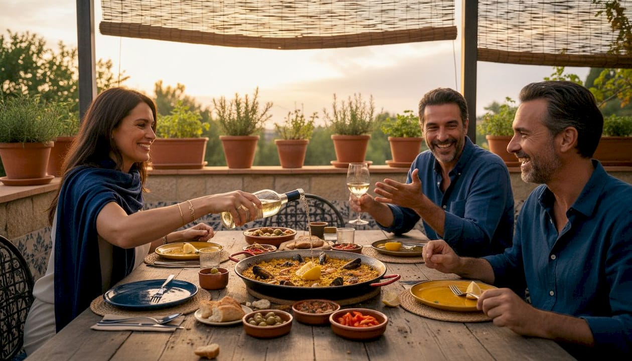 Friends sharing tapas on Barcelona terrace