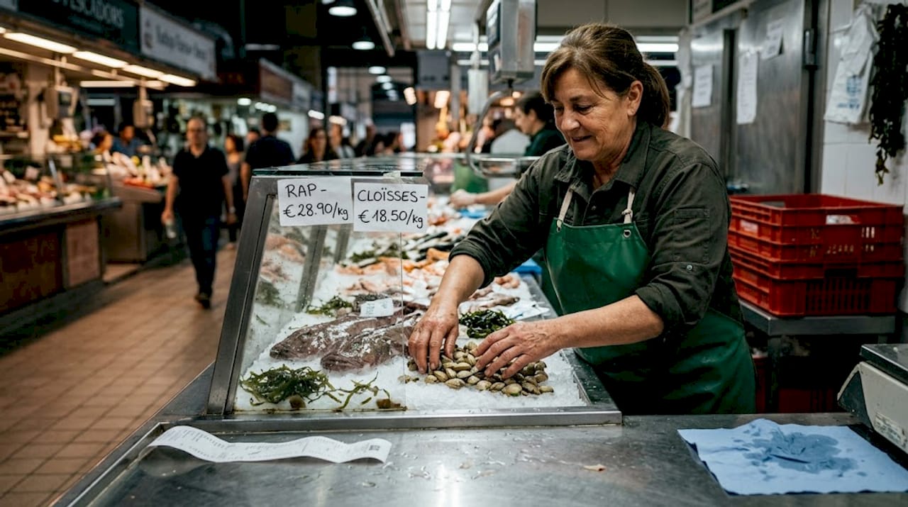 Fishmonger at Barceloneta Market arranging seafood
