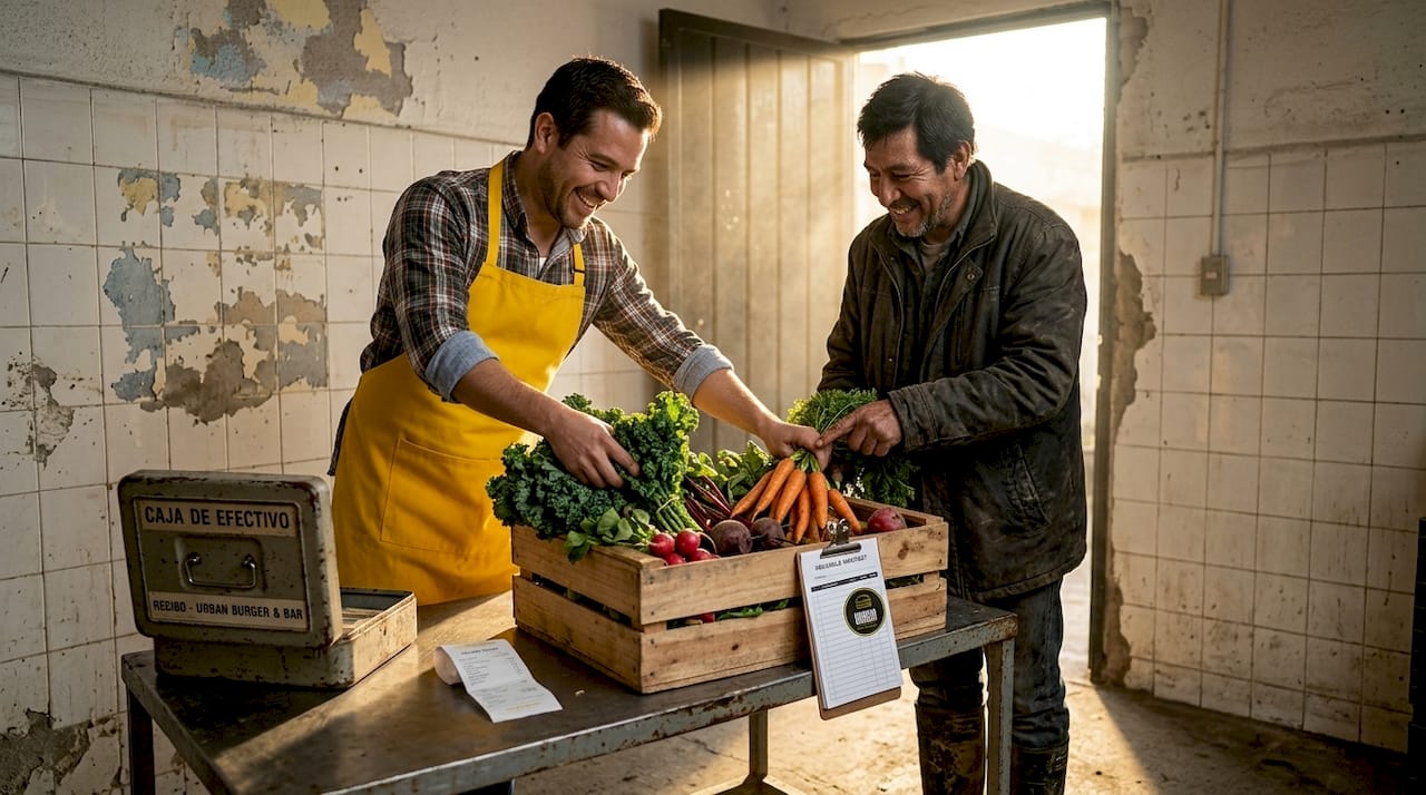Un agricultor y el propietario de un restaurante hacen trueque de productos