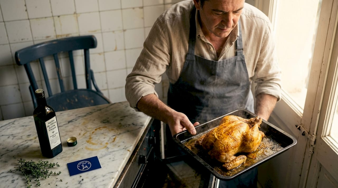 Un cocinero saca del horno un delicioso pollo a l’ast preparado en casa.