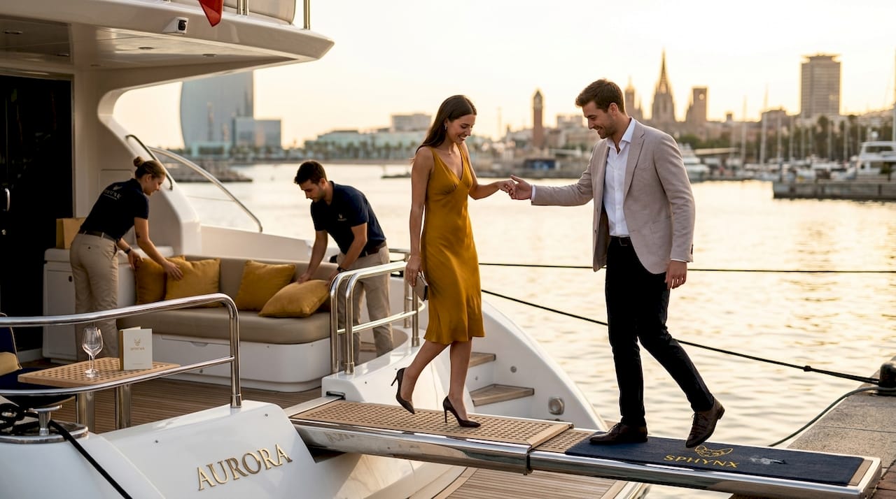 Couple boards private yacht at Barcelona port