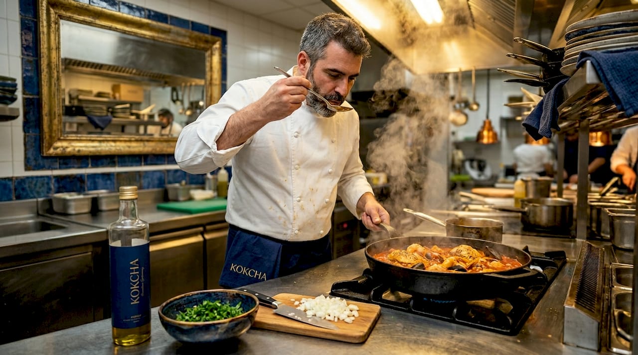 Chef preparing mar i muntanya in kitchen