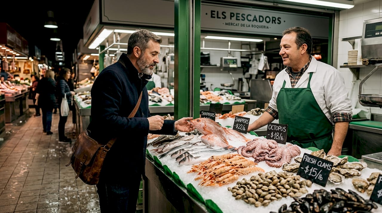 Seafood buyer sourcing fresh catch at market