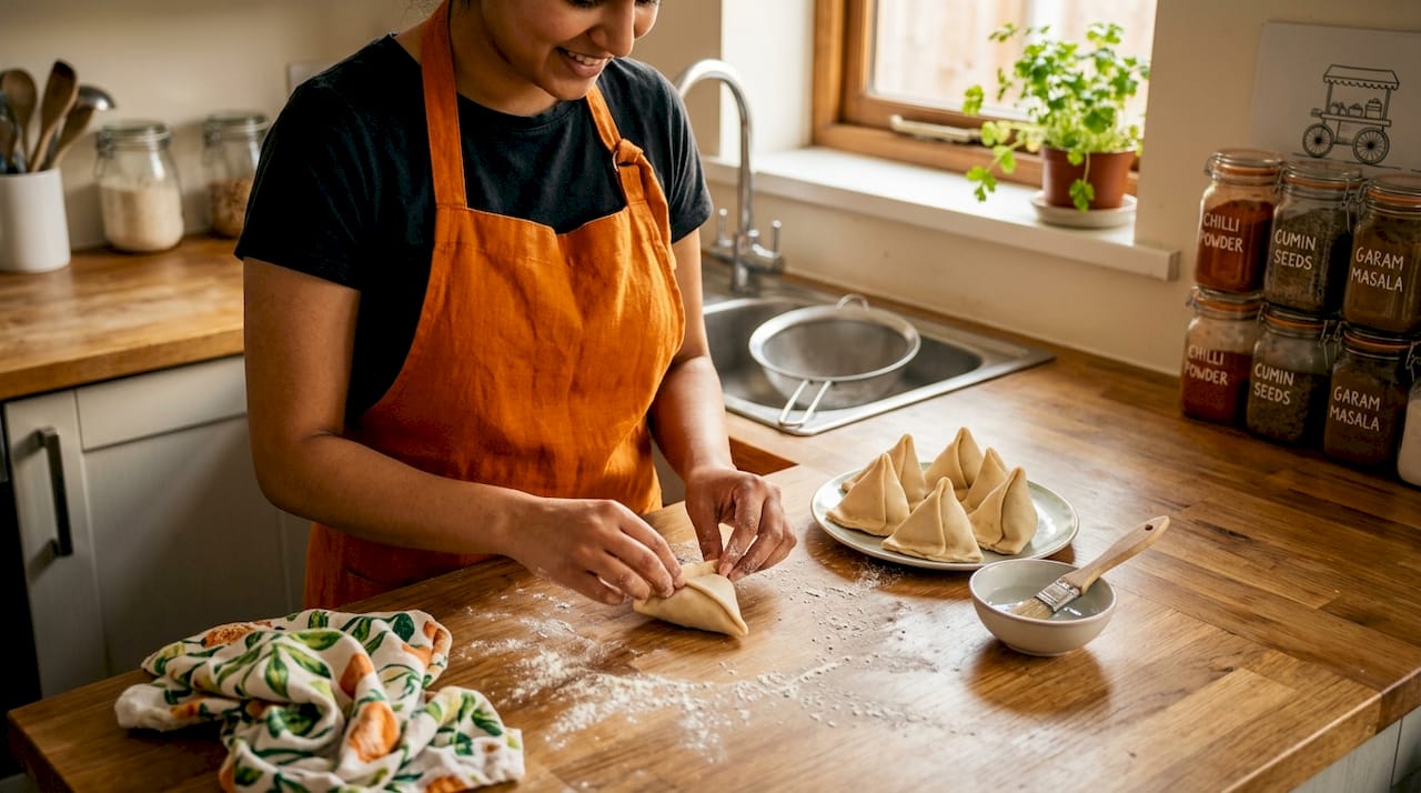Handmaking samosas in a lively kitchen