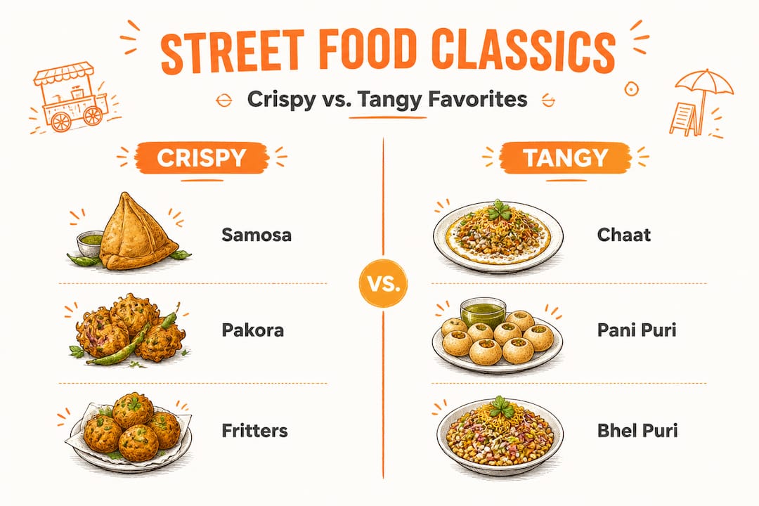 Infographic comparing crispy and tangy Indian snacks