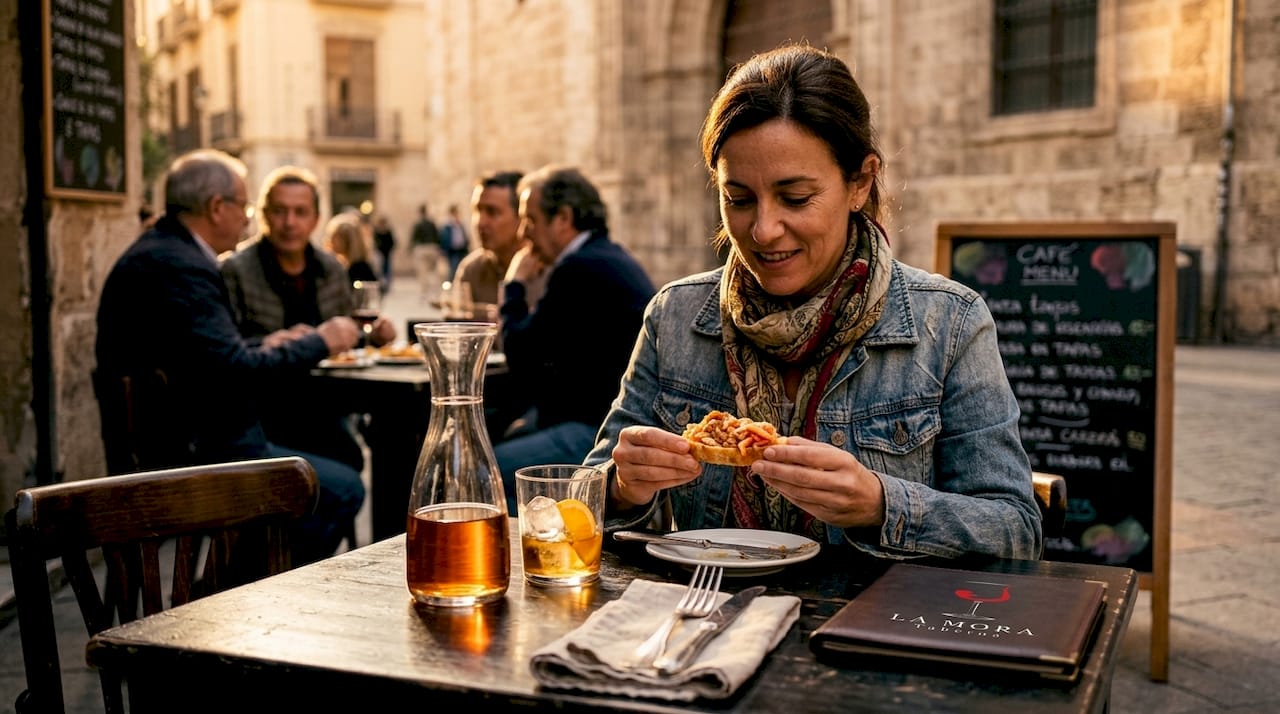 Una mujer disfruta de unas tapas tradicionales en la terraza de un café.
