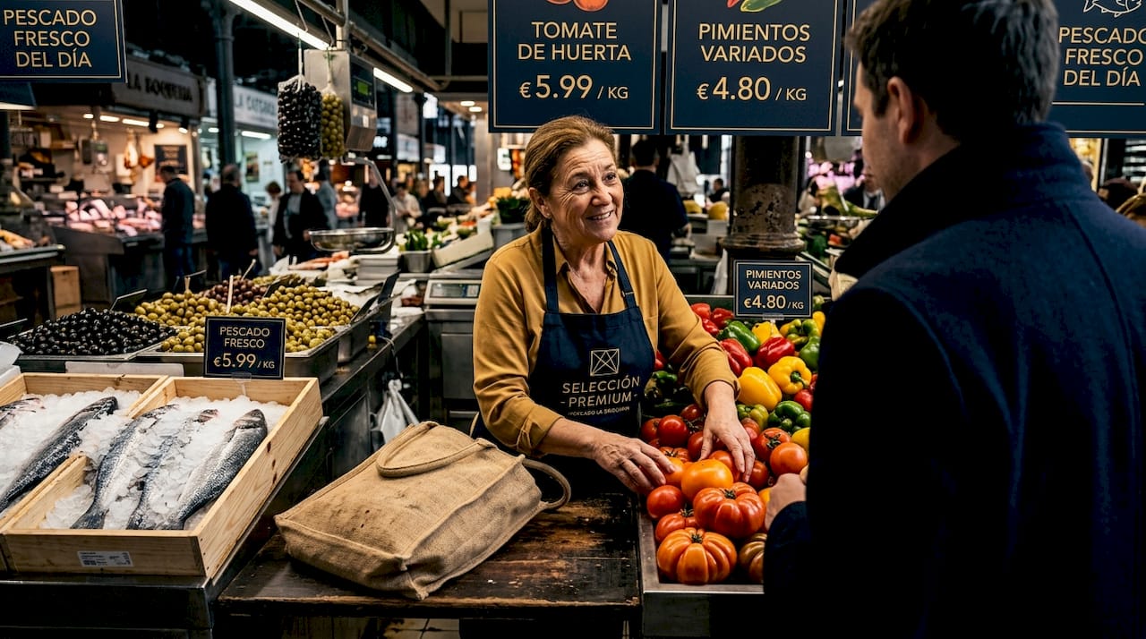 Una comerciante organiza cuidadosamente verduras frescas en su puesto del mercado de Barcelona.