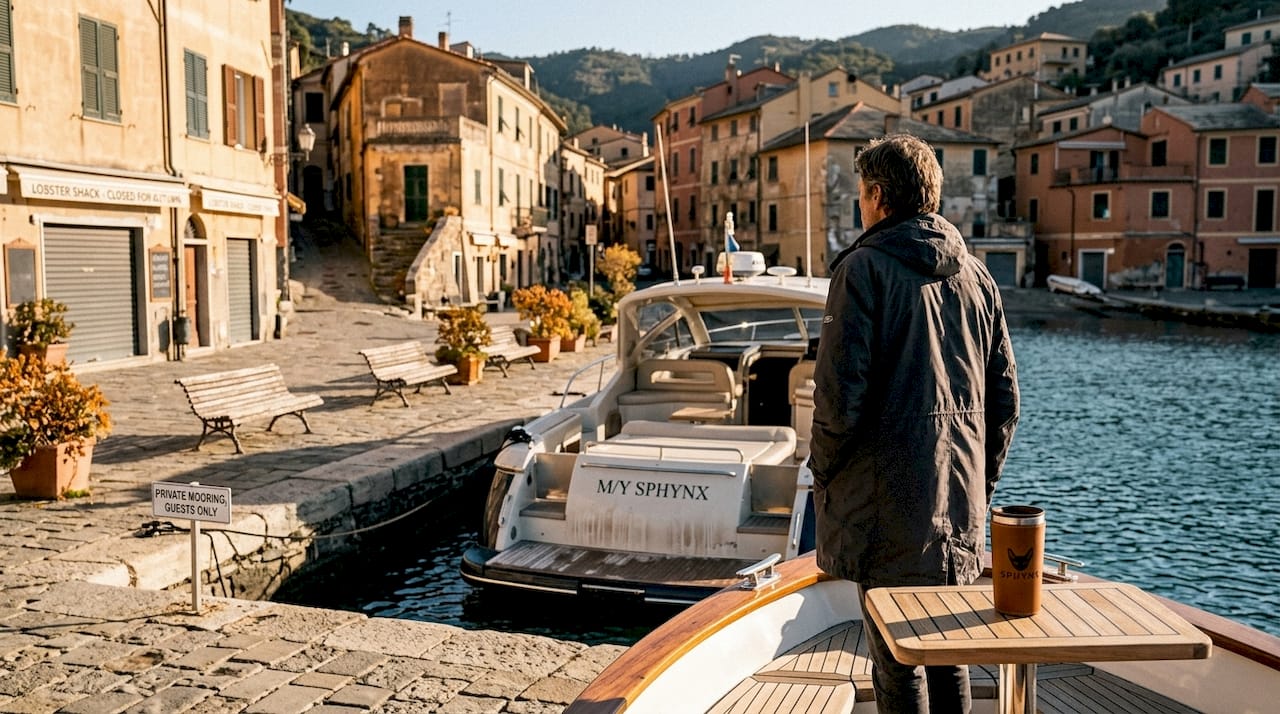 Yacht docked in quiet off-season town