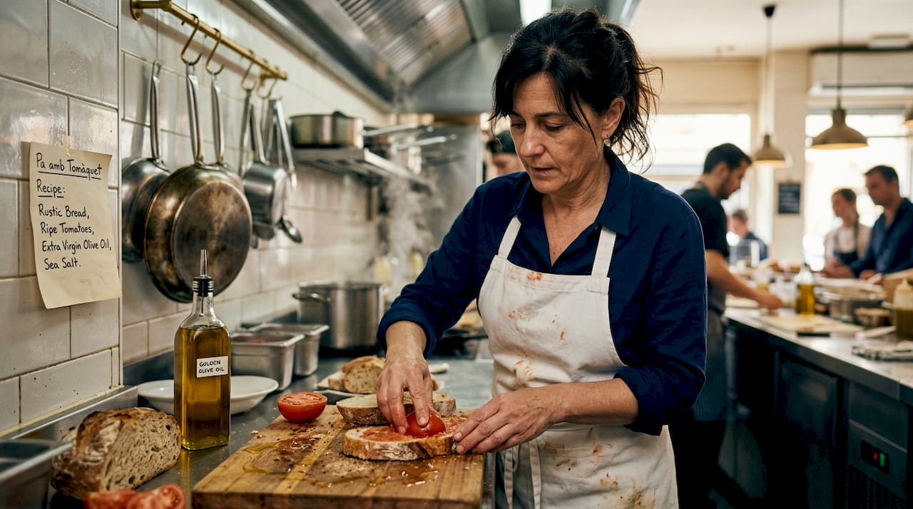 Chef preparing pa amb tomàquet in kitchen