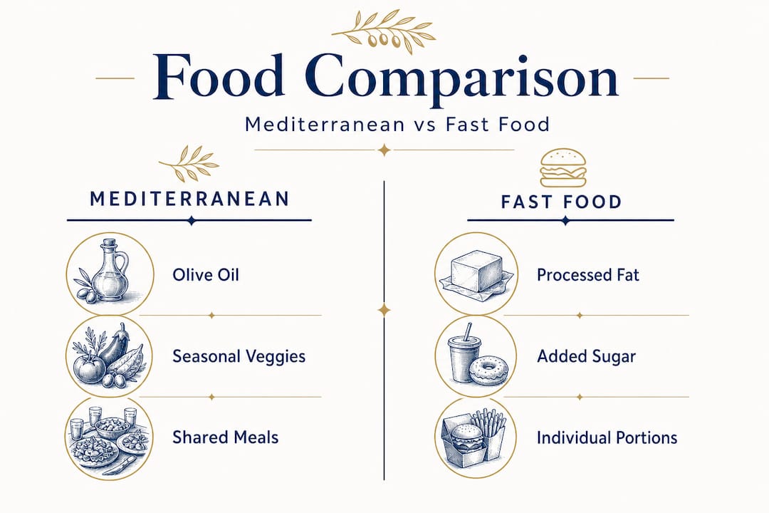 Infographic comparing Mediterranean and fast food features