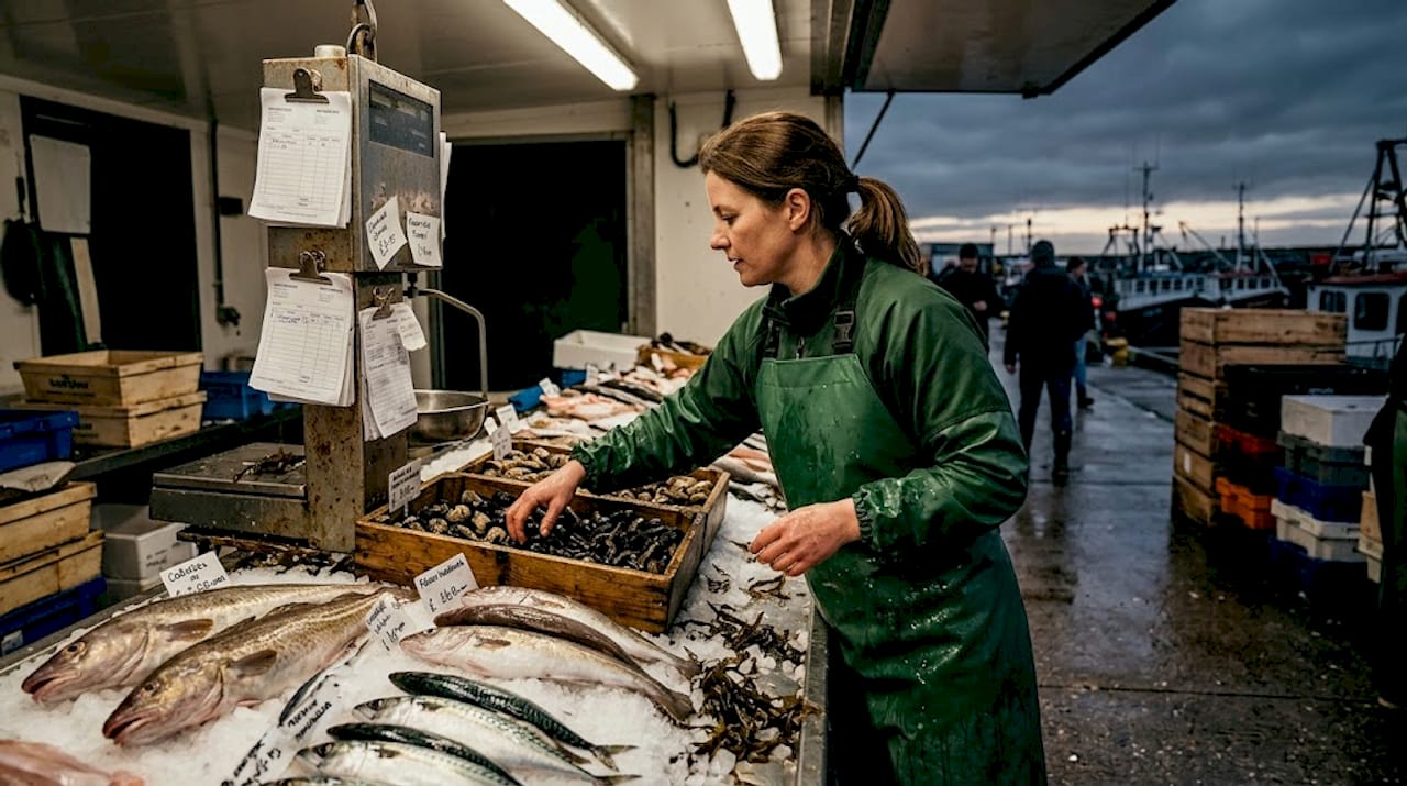 Fishmonger sorting fresh seafood at market