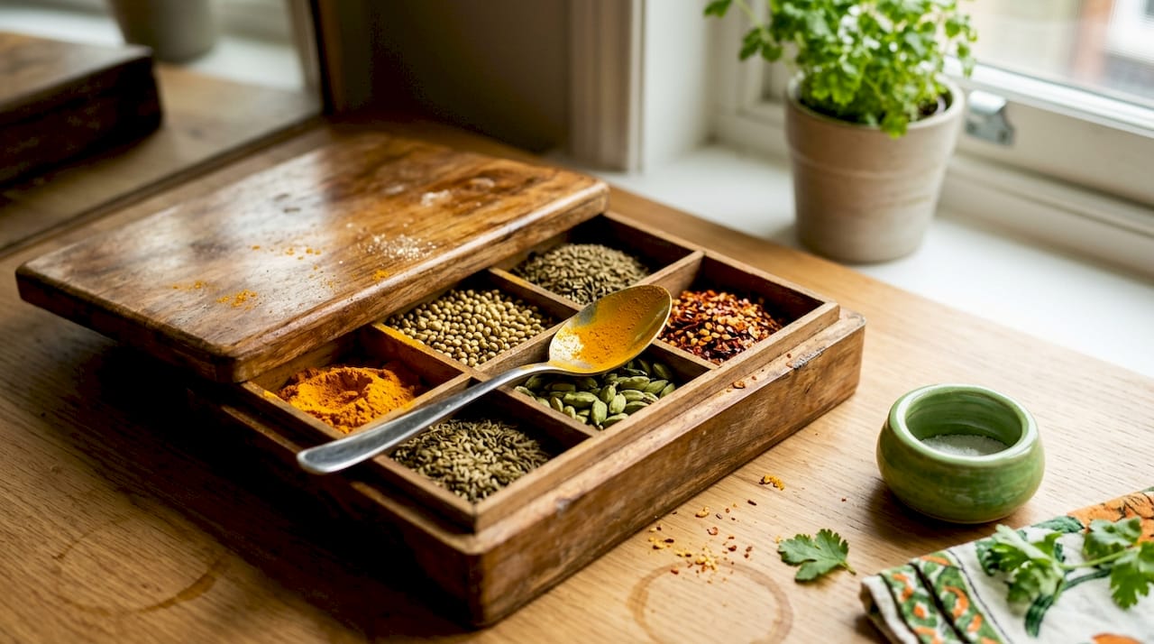 Assorted Indian spices in wooden spice box