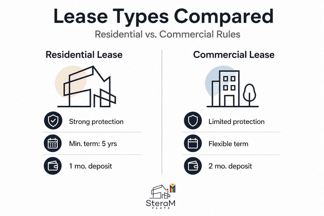Infographic comparing residential and commercial lease features in Spain