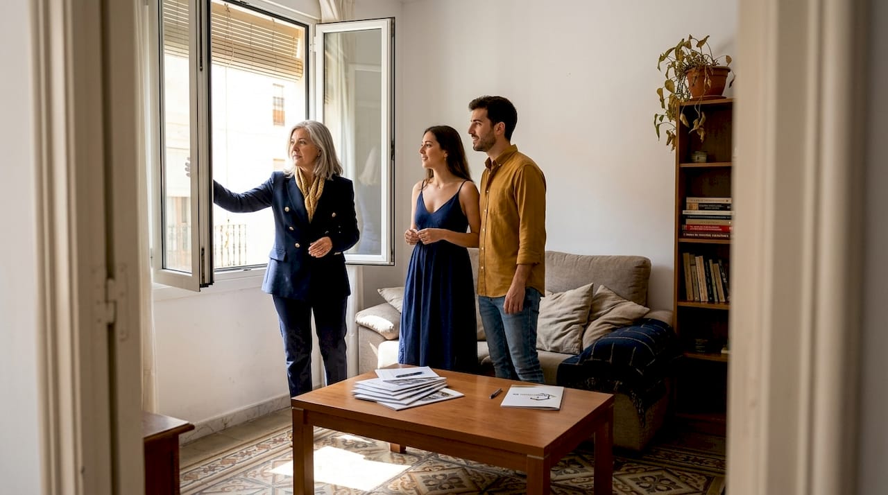 Asesor inmobiliario enseñando el salón a posibles compradores durante una visita guiada