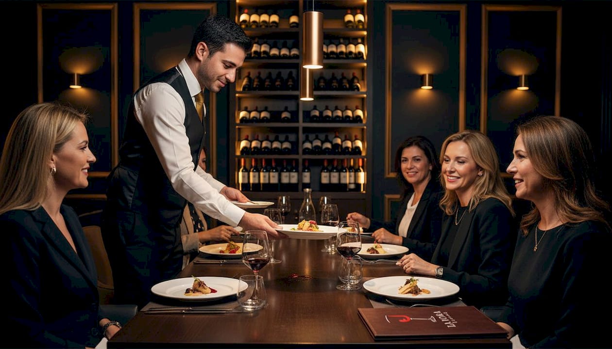 Un camarero atiende a un grupo de comensales en un restaurante de lujo.