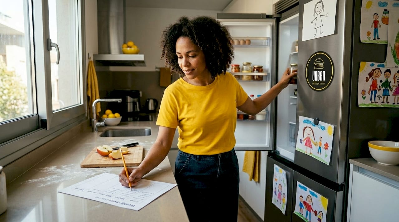 Una madre organiza el menú de la semana mientras está en la cocina