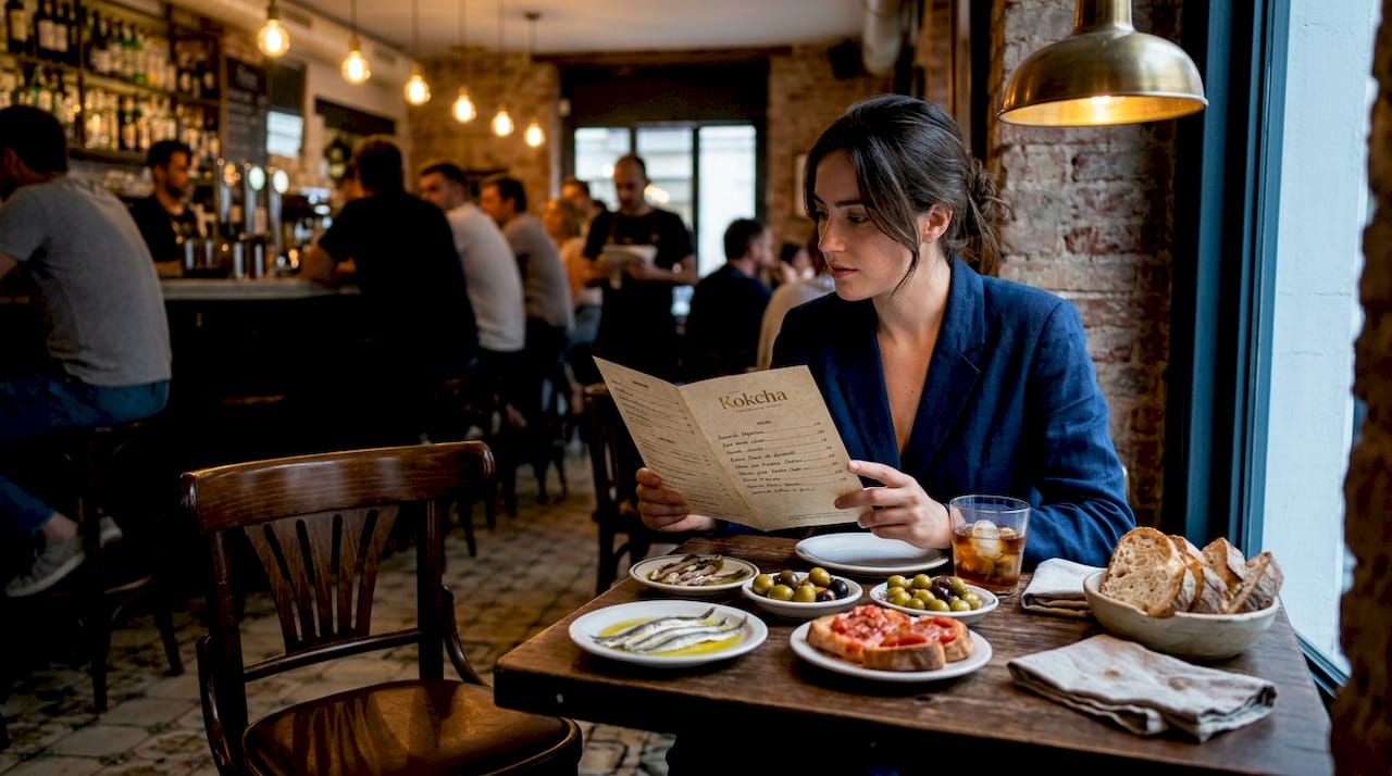 Choosing tapas from menu at Barcelona bar