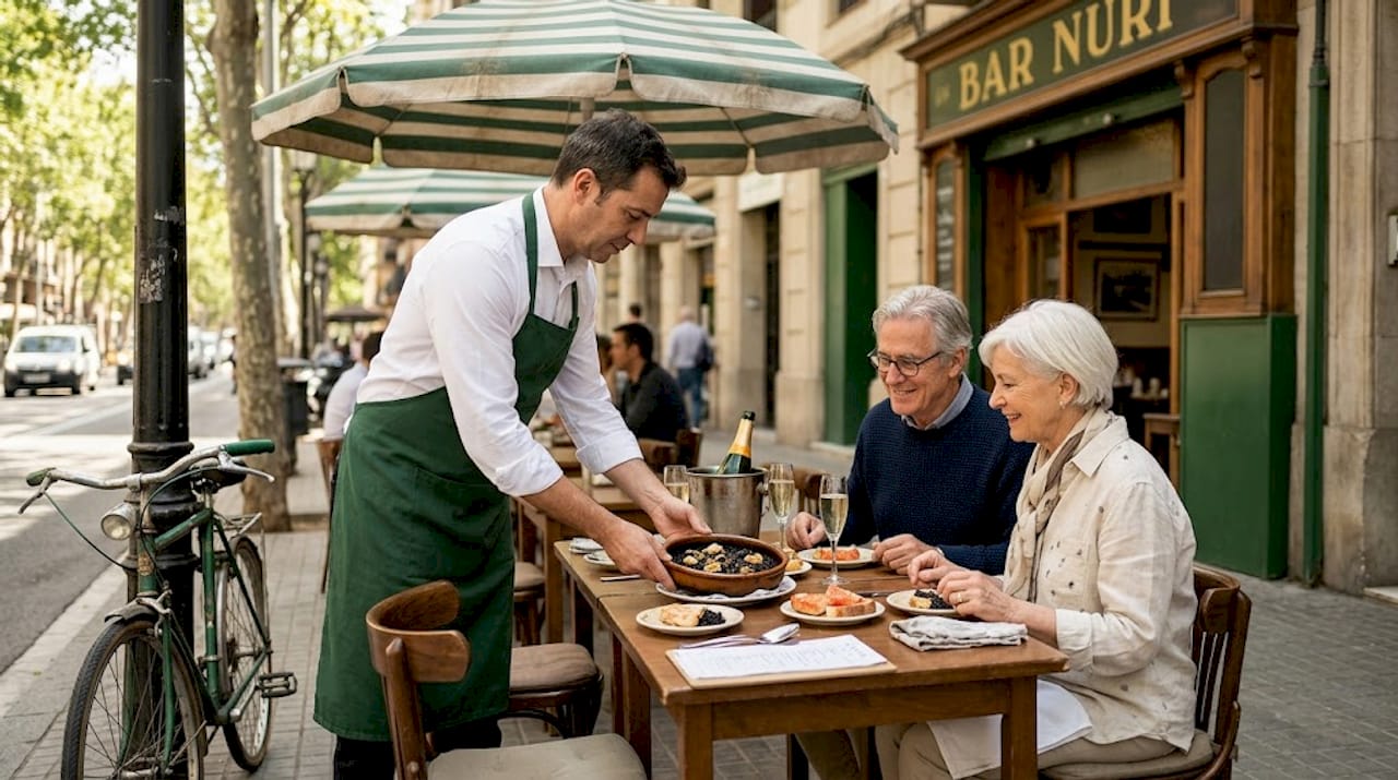 Couple shares traditional Catalan meal outdoors