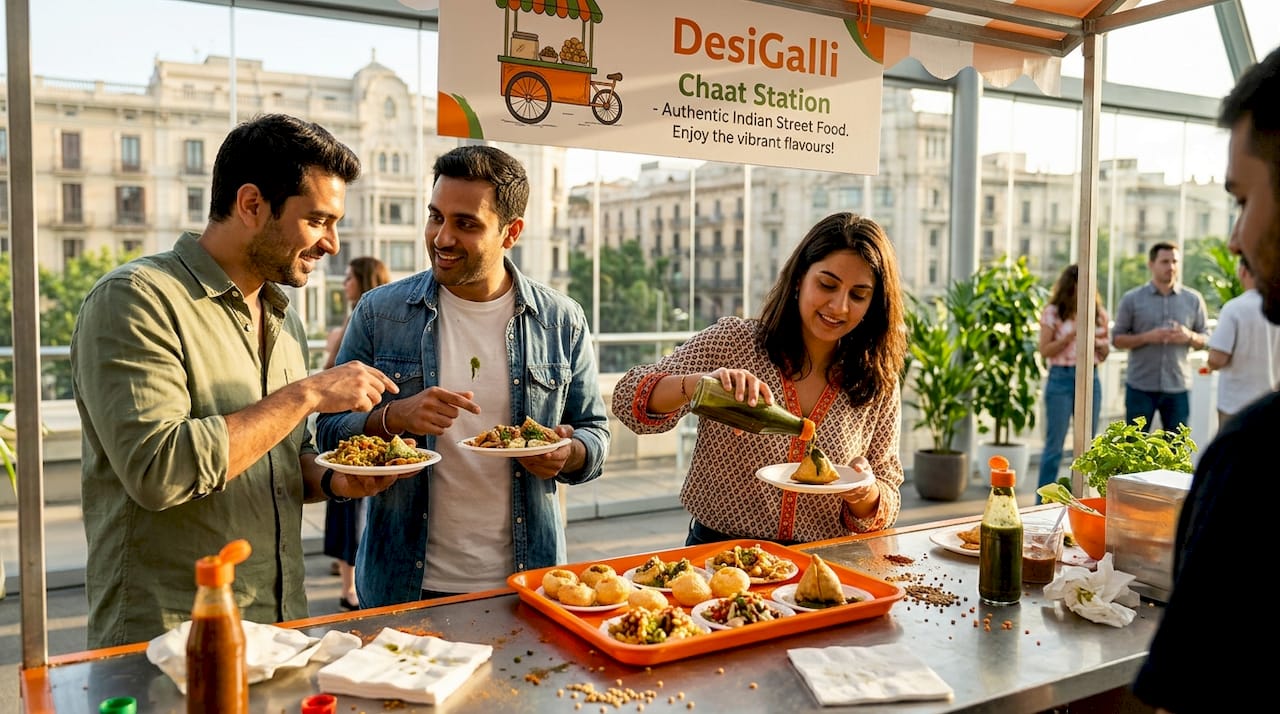 Guests mingle at Indian chaat station