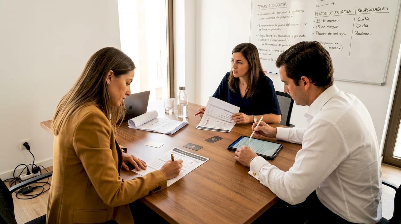 Un grupo de profesionales revisa la lista de verificación para una operación inmobiliaria en formato papel.