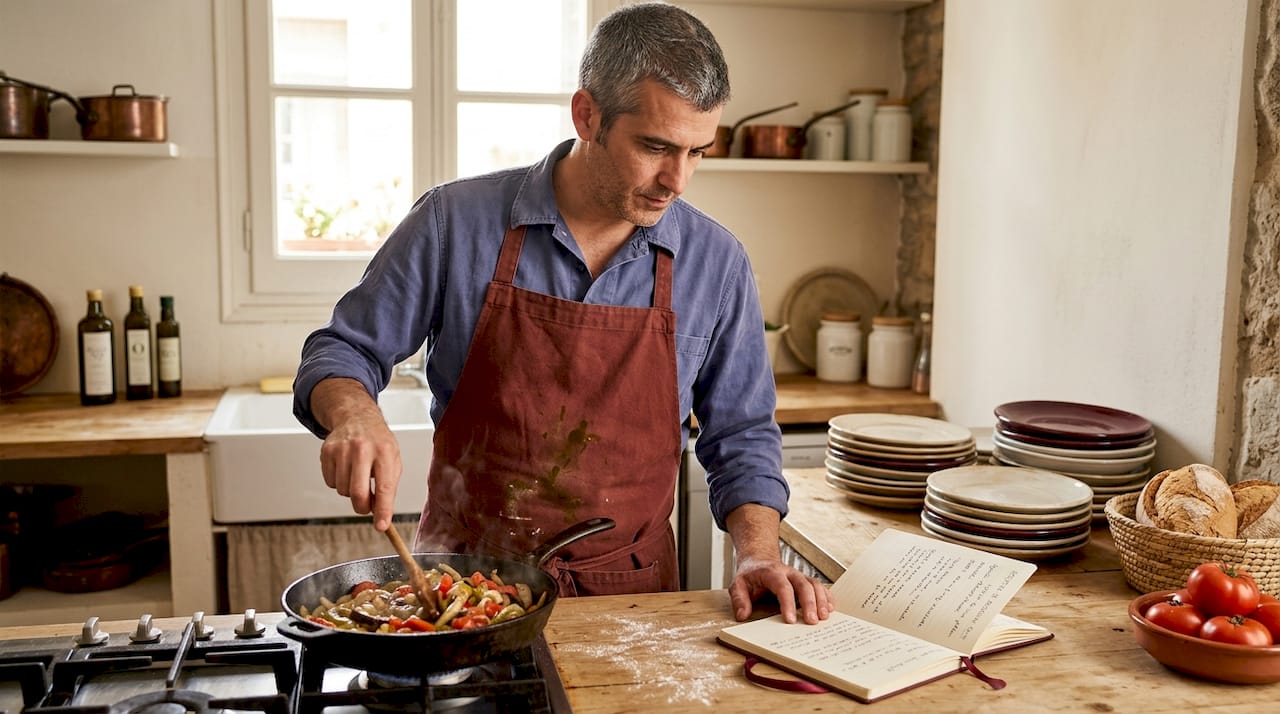 Un chef prepara sus platos en una cocina de Barcelona siguiendo una receta escrita a mano.
