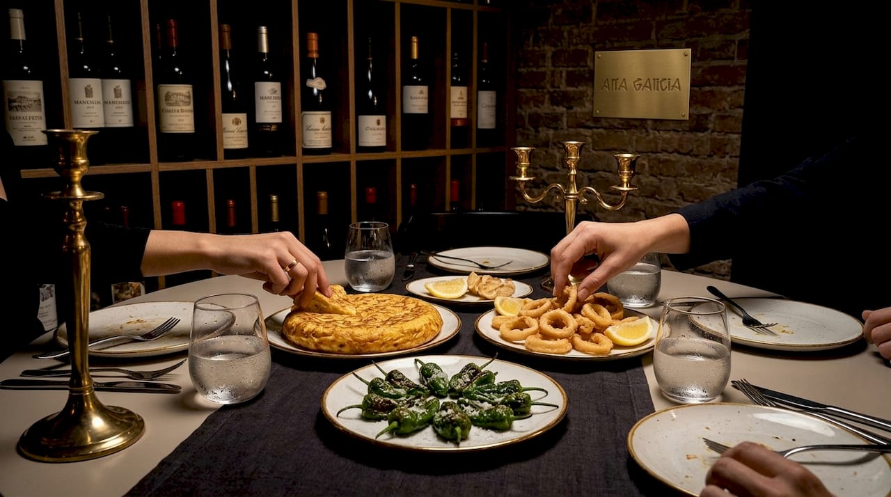 Surtido de tapas para compartir al centro en mesa estilo bistró