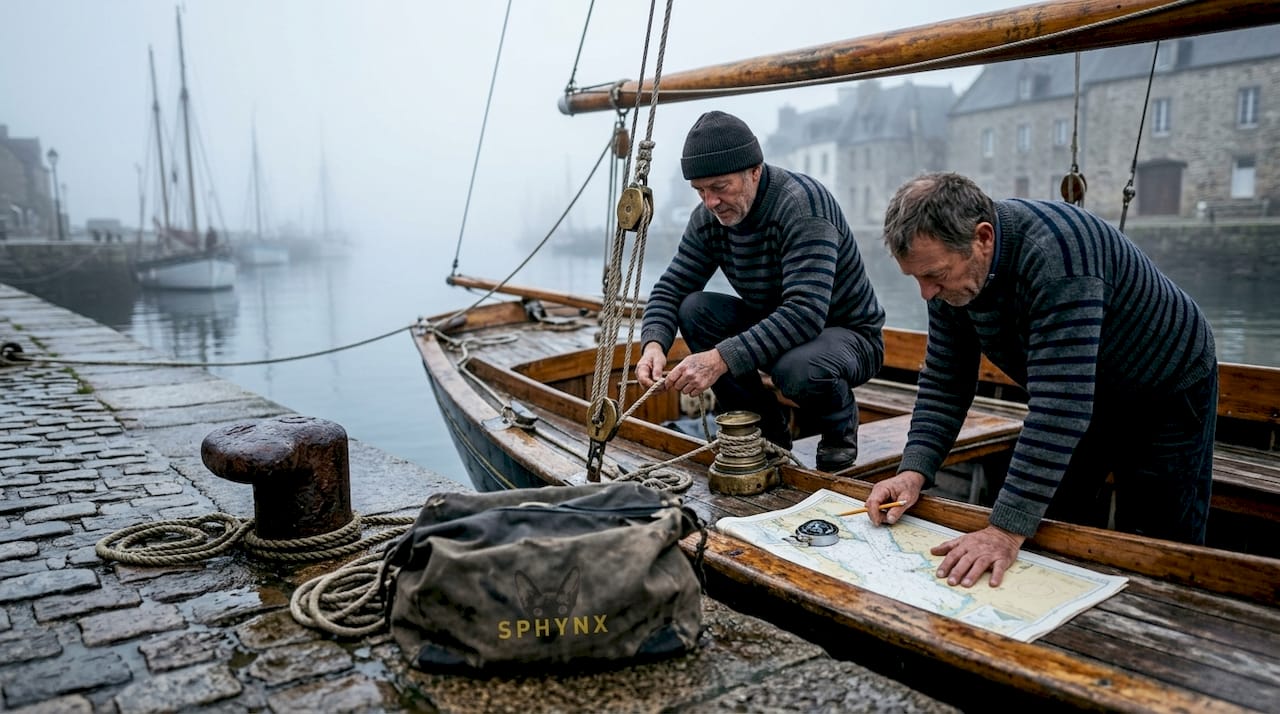 Sailors prepping classic boat in Brittany