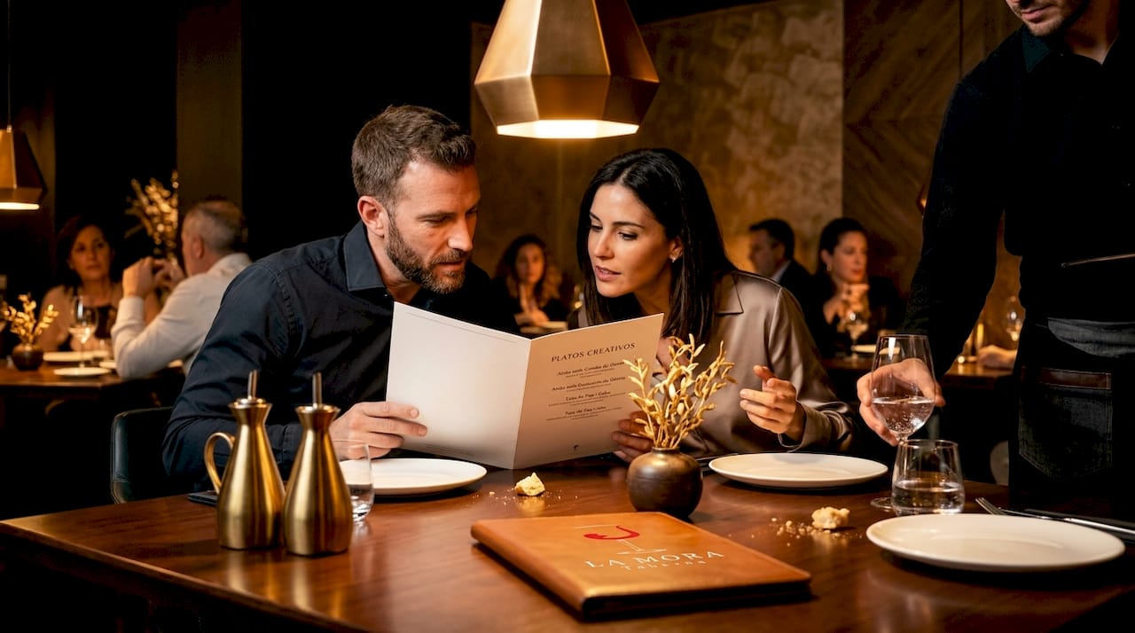 Una pareja hojea la carta en un restaurante típico de Valencia