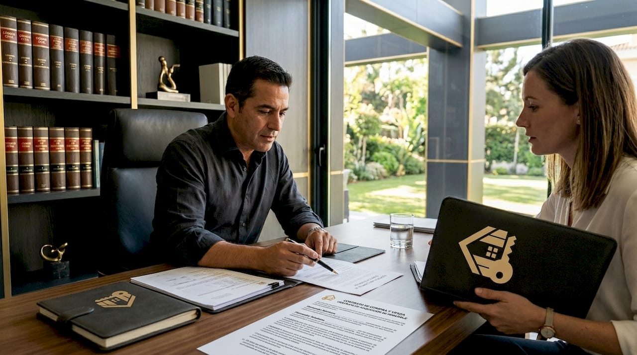 Reunión entre abogado y cliente extranjero revisando documentación legal