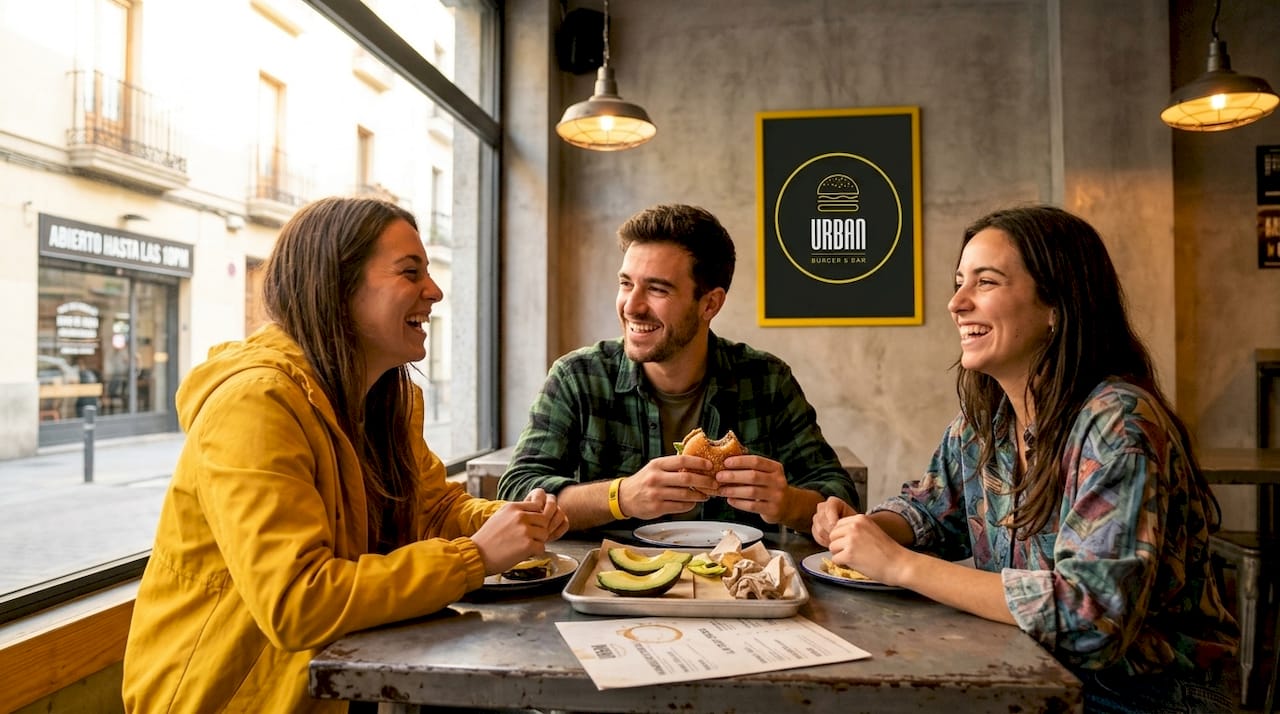 Un grupo de amigos disfruta de hamburguesas veganas en un restaurante del centro de la ciudad.